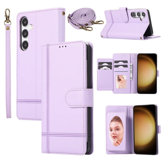 Allytechgroup Galaxy A25 5G Case Wallet with Cards Slots +Makeup Mirror + Hand Wrist + Crossybody Shoulder Strap, RFID Blocking Flip Stand Anti-Scrartch Retro Case for Samsung Galaxy A25 5G,Purple
