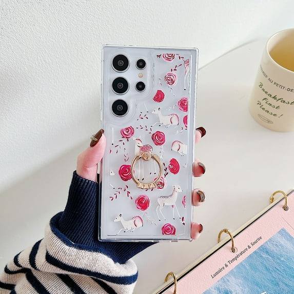 Allytechgroup Galaxy A32 5G Case with Ring Holder Stand, Fashion Pattern Series Slim Fit Back Cover Shockproof Bumper Luxury Phone Case for Samsung Galaxy A32 5G, Deers Flowers