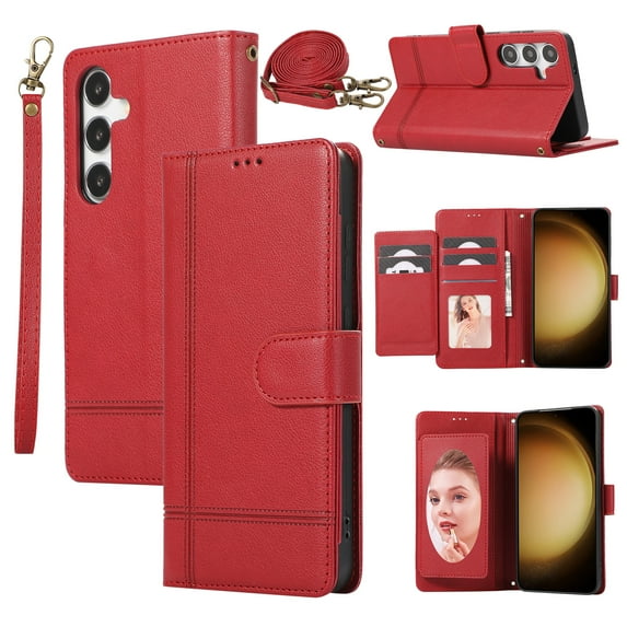 Allytechgroup Galaxy A33 5G Case Wallet with Cards Slots +Makeup Mirror + Hand Wrist + Crossybody Shoulder Strap, RFID Blocking Flip Stand Anti-Scrartch Retro Case for Samsung Galaxy A33 5G, Red