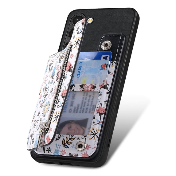 Allytechgroup Galaxy A35 Case with Card Holder, Floral Series Coin Zipper Pocket Compatible with Car Mount Stand Back Cover Wallet Phone Case for Samsung Galaxy A35, Black