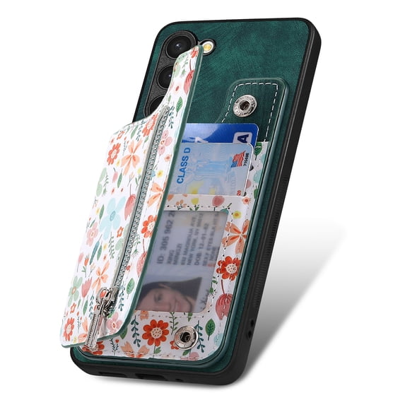 Allytechgroup Galaxy A35 Case with Card Holder, Floral Series Coin Zipper Pocket Compatible with Car Mount Stand Back Cover Wallet Phone Case for Samsung Galaxy A35, Green