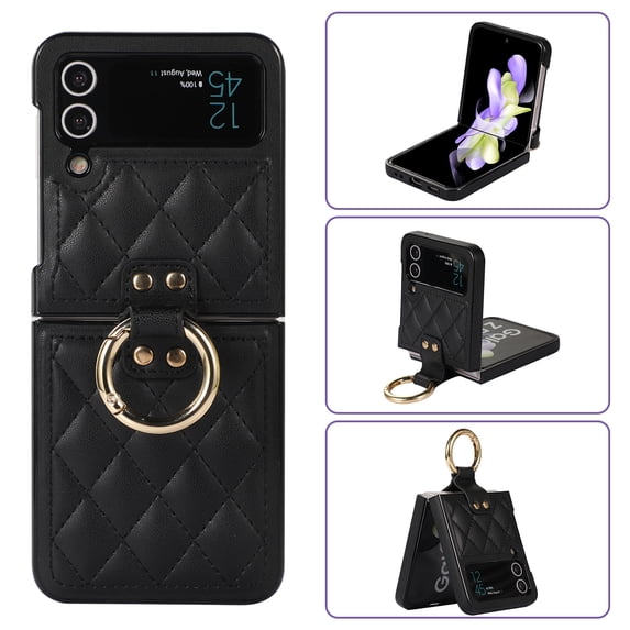Allytechgroup Galaxy Flip 4 Case with Ring Holder Stand, Premium PU Leather Stylish Shockproof Anti-Scratch Portable Phone Case Cover for Samsung Galaxy Z Flip 4, Black