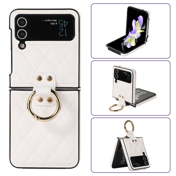 Allytechgroup Galaxy Flip 4 Case with Ring Holder Stand, Premium PU Leather Stylish Shockproof Anti-Scratch Portable Phone Case Cover for Samsung Galaxy Z Flip 4, White