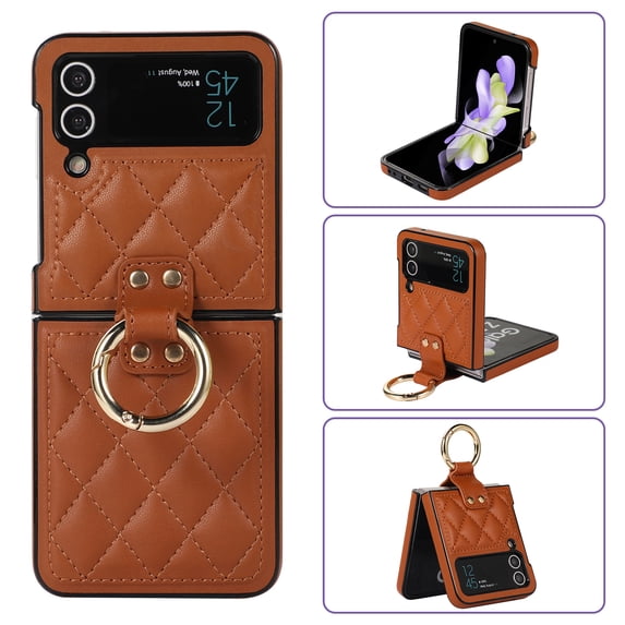 Allytechgroup Galaxy Flip 4 Case with Ring Holder Stand, Premium PU Leather Stylish Shockproof Anti-Scratch Portable Phone Case Cover for Samsung Galaxy Z Flip 4, Brown