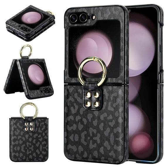 Allytechgroup Galaxy Flip 5 Case with Ring Holder Stand, Premium PU Leather Stylish Shockproof Anti-Scratch Portable Phone Case Cover for Samsung Galaxy Z Flip 5, Blck Leopard