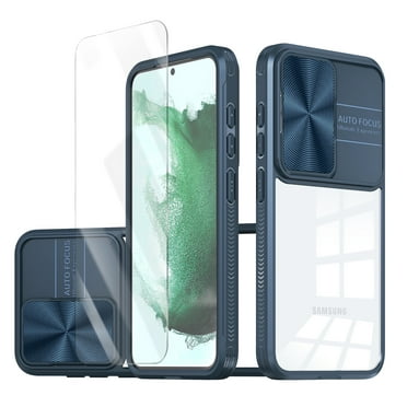 Allytechgroup Galaxy S21 FE 5G Clear Case with Tempered Glass Screen Protector, Sliding Camera Lens Protector Anti-Yellow Shockproof Rugged Slim Fit Shell Cover for Samsung Galaxy S21 FE, Navyblue