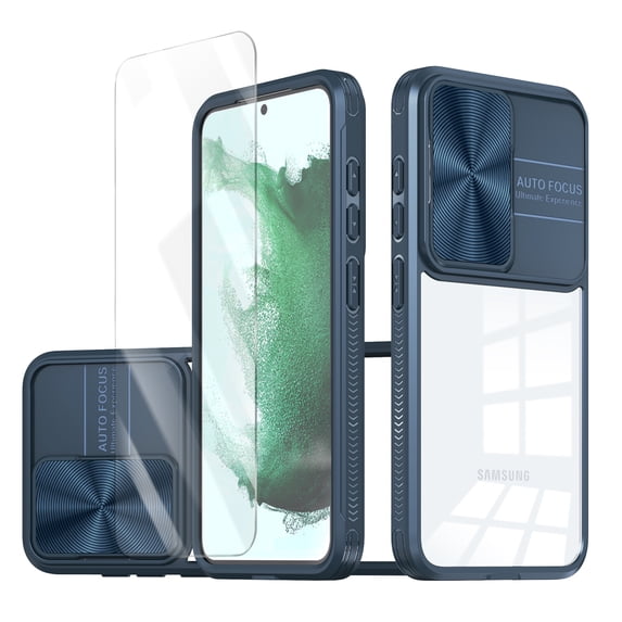 Allytechgroup Galaxy S21 FE 5G Clear Case with Tempered Glass Screen Protector, Sliding Camera Lens Protector Anti-Yellow Shockproof Rugged Slim Fit Shell Cover for Samsung Galaxy S21 FE, Navyblue