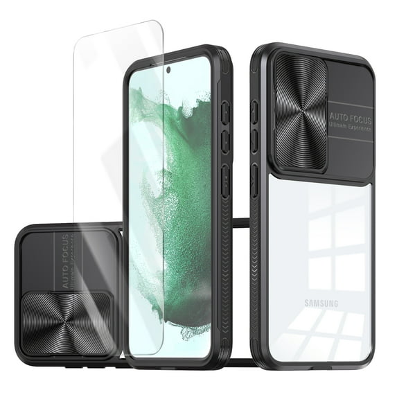 Allytechgroup Galaxy S21 FE 5G Clear Case with Tempered Glass Screen Protector, Sliding Camera Lens Protector Anti-Yellow Shockproof Rugged Slim Fit Shell Cover for Samsung Galaxy S21 FE, Black