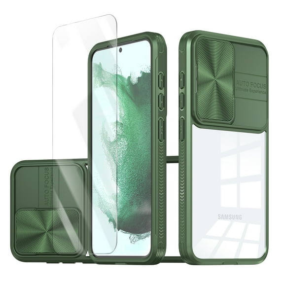 Allytechgroup Galaxy S21 FE 5G Clear Case with Tempered Glass Screen Protector, Sliding Camera Lens Protector Anti-Yellow Shockproof Rugged Slim Fit Shell Cover for Samsung Galaxy S21 FE, Olive