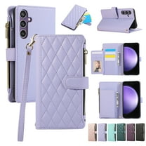 Allytechgroup Galaxy S21 Wallet Case with Cards Holder Zipper Pocket, RFID Blocking Hand Wrist Shoulder Strap Stylish Girls Women Phone Case for Samsung Galaxy S21, Lightpurple