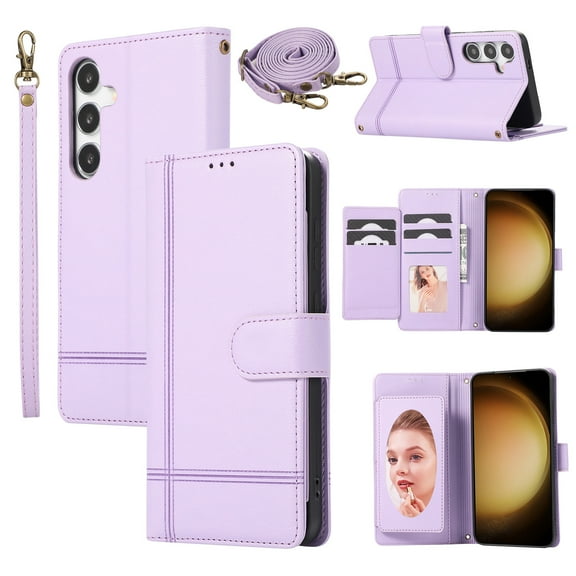 Allytechgroup Galaxy S21 Wallet Case with Makeup Mirror + Hand Wrist + Crossybody Shoulder Strap, Retro Multiple Cards Slots Cash Pocket Flip Stand Cover for Samsung Galaxy S21, Purple