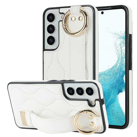 Allytechgroup Galaxy S22 Case with Keychain, Luxury Girly PU Leather Back Cover Bracket Stand Shockproof Bumper Drop Proof Phone Case Cover for Samsung Galaxy S22, White