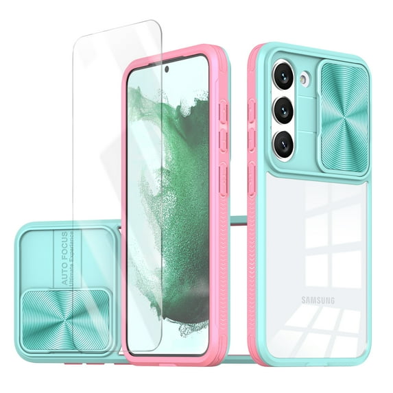 Allytechgroup Galaxy S22 Clear Case with Tempered Glass Screen Protector, Sliding Camera Lens Protector Anti-Yellow Shockproof Rugged Slim Fit Shell Cover for Samsung Galaxy S22, Skyblue