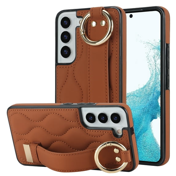 Allytechgroup Galaxy S22 Plus Case with Keychain, Luxury Girly PU Leather Back Cover Bracket Stand Shockproof Bumper Drop Proof Phone Case Cover for Samsung Galaxy S22 Plus, Brown