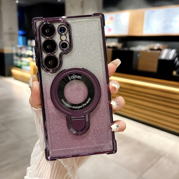 Allytechgroup Galaxy S22 Plus Clear Case with Glitter Bling Paper, Stylish Ring Holder Mangetic Back Cover Anti-Scratch Shockproof Bumper Phone Case for Samsung Galaxy S22 Plus, Darkpurple