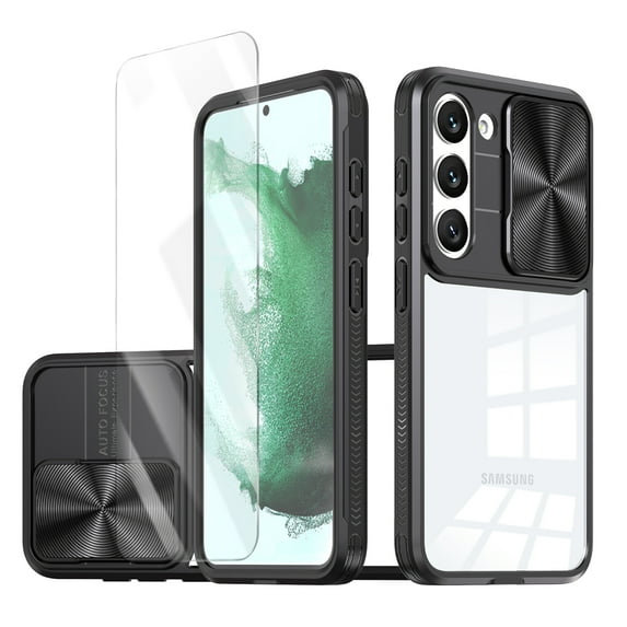 Allytechgroup Galaxy S22 Plus Clear Case with Tempered Glass Screen Protector, Sliding Camera Lens Protector Anti-Yellow Shockproof Rugged Slim Fit Shell Cover for Samsung Galaxy S22 Plus, Black