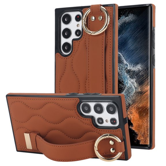 Allytechgroup Galaxy S22 Ultra Case with Keychain, Luxury Girly PU Leather Back Cover Bracket Stand Shockproof Bumper Drop Proof Phone Case Cover for Samsung Galaxy S22 Ultra, Brown