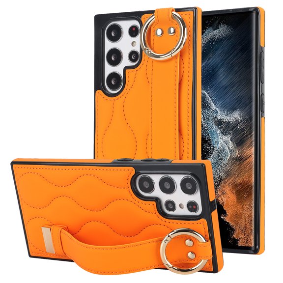 Allytechgroup Galaxy S22 Ultra Case with Keychain, Luxury Girly PU Leather Back Cover Bracket Stand Shockproof Bumper Drop Proof Phone Case Cover for Samsung Galaxy S22 Ultra, Orange