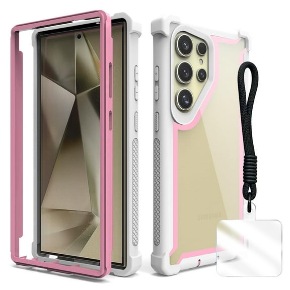 Allytechgroup Galaxy S22 Ultra Clear Case, with Hand Strap Not-Yellowing Anti-Scratch Rugged Shockproof Corner Protective Bumper Phone Case Cover for Samsung Galaxy S22 Ultra,Pinkwhite