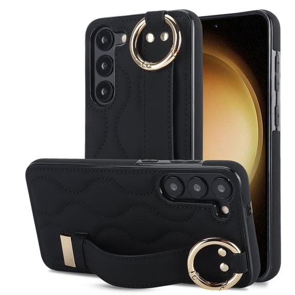 Allytechgroup Galaxy S23 Case with Keychain, Luxury Girly PU Leather Back Cover Bracket Stand Shockproof Bumper Drop Proof Phone Case Cover for Samsung Galaxy S23, Black
