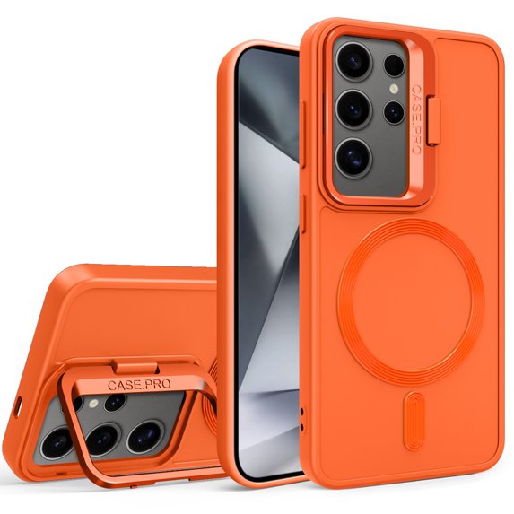 Allytechgroup Galaxy S23 Case with Lens Stand, Magnetic Back Cover Support Car Mount Shockproof Anti-Scratch Bumper Phone Case for Samsung Galaxy S23, Orange