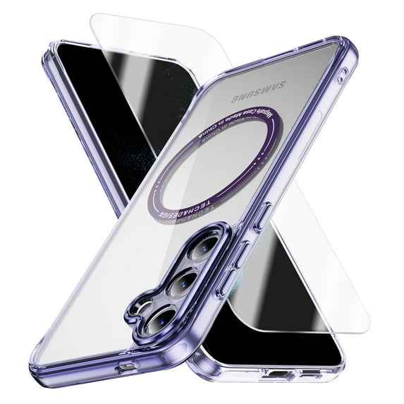 Allytechgroup Galaxy S23 Clear Case with Screen Protector, Not-Yellowing Anti-Scratch Magsafe Compatible Wireless Charging Shockproof Bumper Magnetic Case for Samsung Galaxy S23, Purple