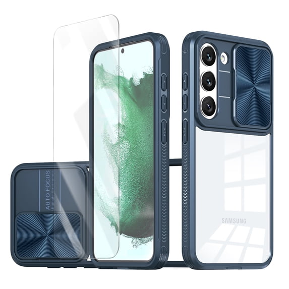 Allytechgroup Galaxy S23 Clear Case with Tempered Glass Screen Protector, Sliding Camera Lens Protector Anti-Yellow Shockproof Rugged Slim Fit Shell Cover for Samsung Galaxy S23, Navyblue