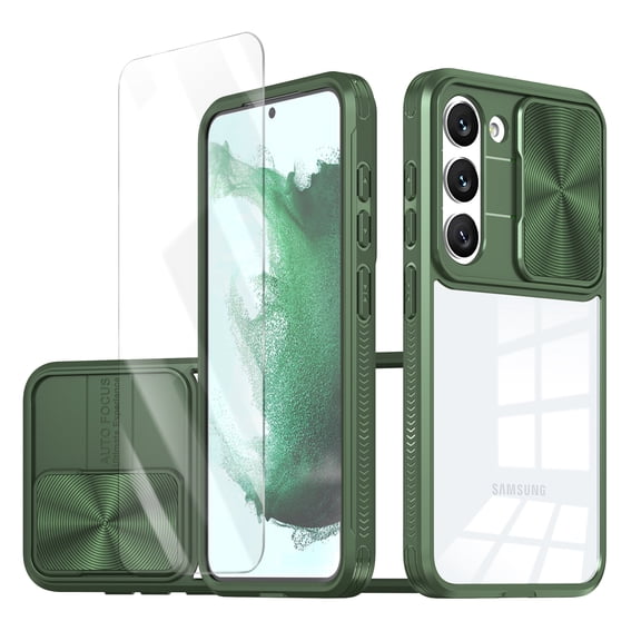 Allytechgroup Galaxy S23 Clear Case with Tempered Glass Screen Protector, Sliding Camera Lens Protector Anti-Yellow Shockproof Rugged Slim Fit Shell Cover for Samsung Galaxy S23, Olive