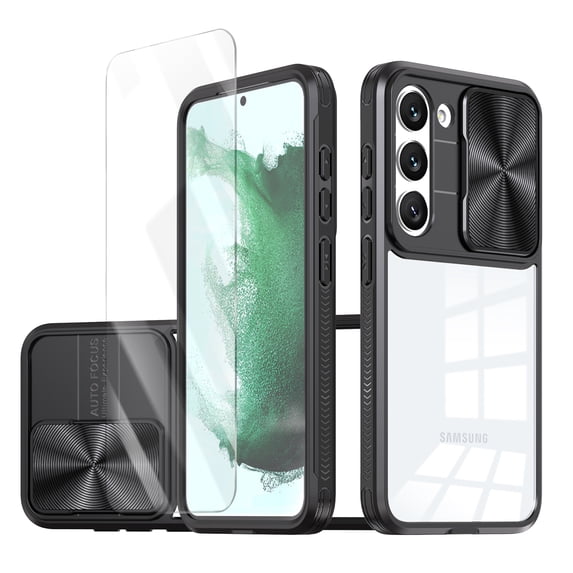 Allytechgroup Galaxy S23 Clear Case with Tempered Glass Screen Protector, Sliding Camera Lens Protector Anti-Yellow Shockproof Rugged Slim Fit Shell Cover for Samsung Galaxy S23, Black