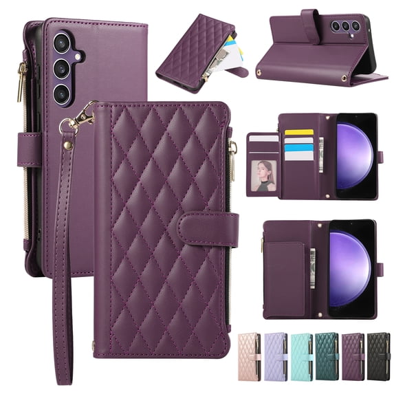 Allytechgroup Galaxy S23 Plus Wallet Case with Cards Holder Zipper Pocket, RFID Blocking Hand Wrist Shoulder Strap Stylish Girls Women Phone Case for Samsung Galaxy S23 Plus, Darkpurple
