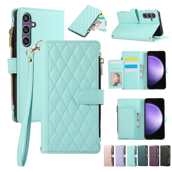 Allytechgroup Galaxy S23 Plus Wallet Case with Cards Holder Zipper Pocket, RFID Blocking Hand Wrist Shoulder Strap Stylish Girls Women Phone Case for Samsung Galaxy S23 Plus, Skyblue