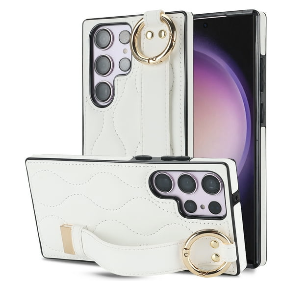 Allytechgroup Galaxy S23 Ultra Case with Keychain, Luxury Girly PU Leather Back Cover Bracket Stand Shockproof Bumper Drop Proof Phone Case Cover for Samsung Galaxy S23 Ultra, White