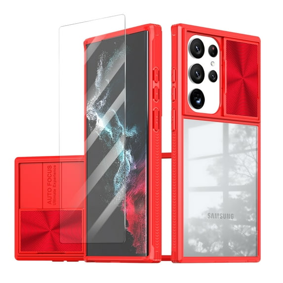 Allytechgroup Galaxy S23 Ultra Clear Case with Tempered Glass Screen Protector, Sliding Camera Lens Protector Anti-Yellow Shockproof Rugged Slim Fit Shell Cover for Samsung Galaxy S23 Ultra, Red