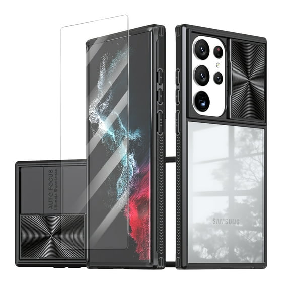 Allytechgroup Galaxy S23 Ultra Clear Case with Tempered Glass Screen Protector, Sliding Camera Lens Protector Anti-Yellow Shockproof Rugged Slim Fit Shell Cover for Samsung Galaxy S23 Ultra, Black