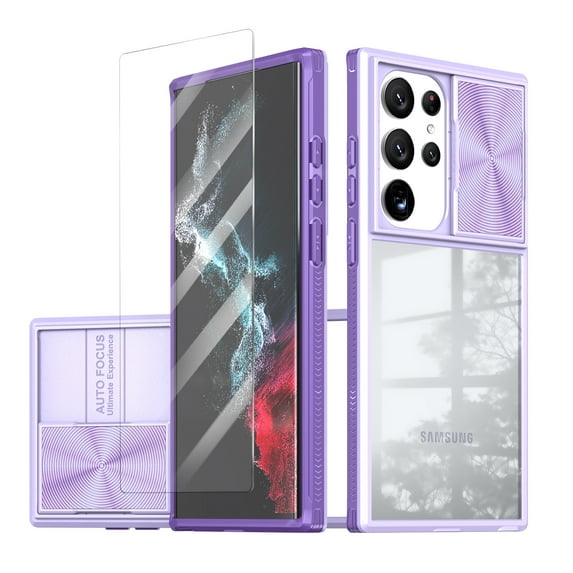 Allytechgroup Galaxy S23 Ultra Clear Case with Tempered Glass Screen Protector, Sliding Camera Lens Protector Anti-Yellow Shockproof Rugged Slim Fit Shell Cover for Samsung Galaxy S23 Ultra, Purple