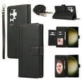 thumbnail image 1 of Allytechgroup Galaxy S23 Ultra Wallet Case with Makeup Mirror + Hand Wrist + Crossybody Shoulder Strap, Retro Multiple Cards Slots Cash Pocket Flip Stand Cover for Samsung Galaxy S23 Ultra, Black, 1 of 8