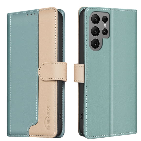 Allytechgroup Galaxy S23 Ultra Wallet Case, Stitching Color PU Leather RFID Blocking Cards Holder Magnetic Closure Shockproof Book Cover Case for Samsung Galaxy S23 Ultra, Green