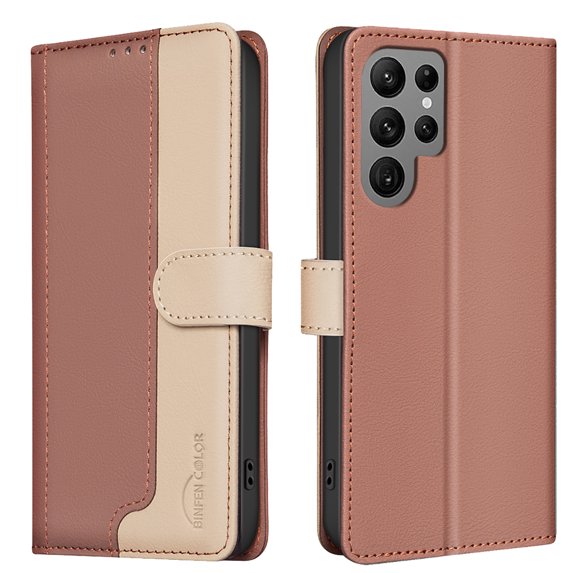 Allytechgroup Galaxy S23 Ultra Wallet Case, Stitching Color PU Leather RFID Blocking Cards Holder Magnetic Closure Shockproof Book Cover Case for Samsung Galaxy S23 Ultra, Brown