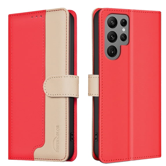 Allytechgroup Galaxy S23 Ultra Wallet Case, Stitching Color PU Leather RFID Blocking Cards Holder Magnetic Closure Shockproof Book Cover Case for Samsung Galaxy S23 Ultra, Red