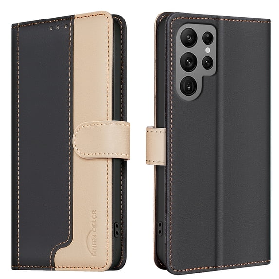 Allytechgroup Galaxy S23 Ultra Wallet Case, Stitching Color PU Leather RFID Blocking Cards Holder Magnetic Closure Shockproof Book Cover Case for Samsung Galaxy S23 Ultra, Black