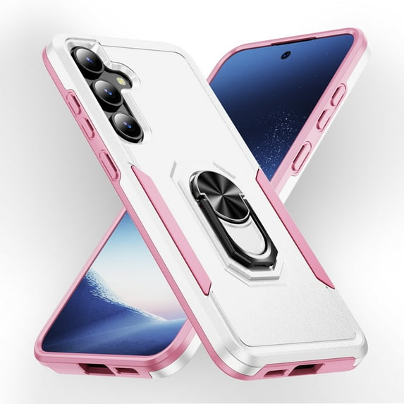Allytechgroup Galaxy S24 Case with Ring Holder Stad, Military Grade Shockproof Compatible with Car Mount Rugged Bumper Phone Case for Samsung Galaxy S24, White+Pink