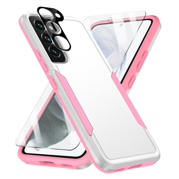 Allytechgroup Galaxy S24 Case with Screen Protector + Camera Lens Protector, HD Clear Tempered Glass Protector Military Grade Shockproof Dual Layers Hard Shell Case for Samsung Galaxy S24, White+Pink