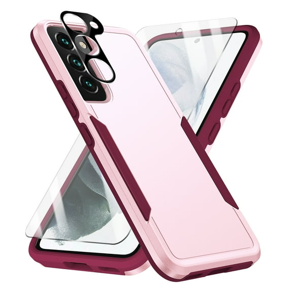 Allytechgroup Galaxy S24 Case with Screen Protector + Camera Lens Protector, HD Clear Tempered Glass Protector Military Grade Shockproof Dual Layers Hard Shell Case for Samsung Galaxy S24,Pink+Rose