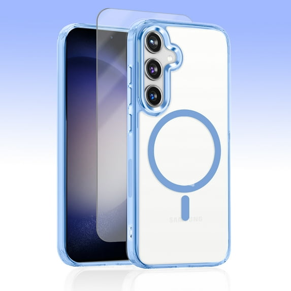 Allytechgroup Galaxy S24 Case with Screen Protector, Crystal Clear Magnetic Back Cover Compatible with Magsafe Anti-Scratch Phone Case for Samsung Galaxy S24, Blue