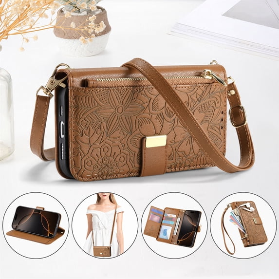 Allytechgroup for Galaxy S24 FE Case, PU Leather Floral Embossed Flip Stand Hand Wrist Shoulder Strap Zipper Pocket Cards Slots Shockproof Wallet Case Cover for Samsung Galaxy S24 FE, Brown