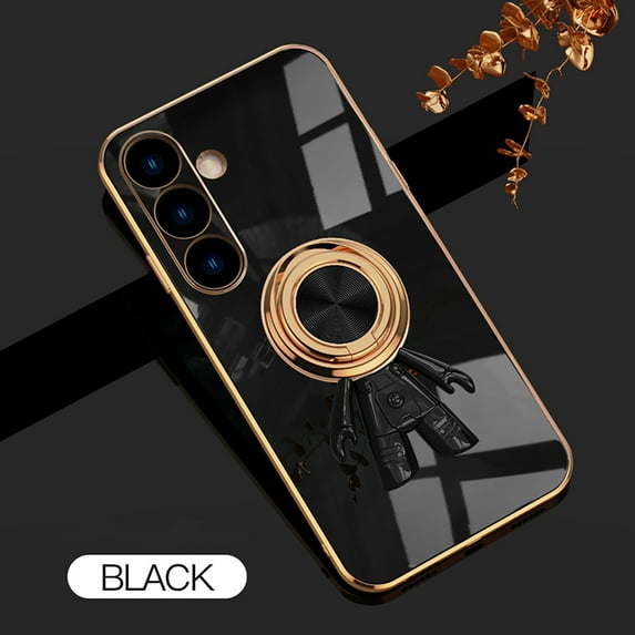 Allytechgroup Galaxy S24 FE Case with Stand, Cute Spacemen Design Plating Back Cover Slim Fit Bumper Shockproof Protective Phone Case for Samsung Galaxy S24 FE, Black