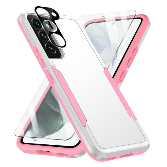 Allytechgroup Galaxy S24 Plus Case with Screen Protector + Camera Lens Protector, HD Clear Tempered Glass Protector Military Grade Shockproof Hard Shell Case for Samsung Galaxy S24 Plus, White+Pink