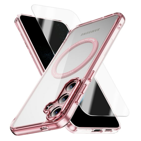 Allytechgroup Galaxy S24 Plus Clear Case with Screen Protector, Not-Yellowing Anti-Scratch Magsafe Compatible Wireless Charging Shockproof Bumper Magnetic Case for Samsung Galaxy S24 Plus, Pink