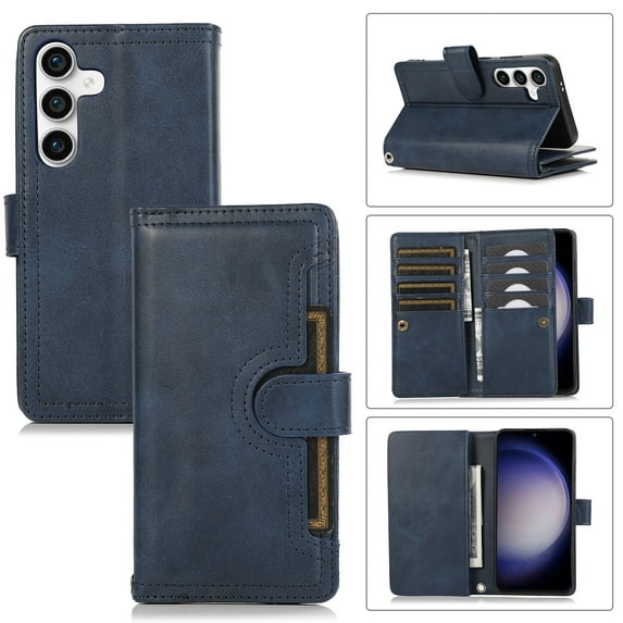 Allytechgroup Galaxy S24 Plus Wallet Case with 9 Cards Holder 2 Cash Pocket, Premium PU Leather Retro Flip Stand Magnetic Closure Hand Wrist Phone Case for Samsung Galaxy S24 Plus, Darkblue