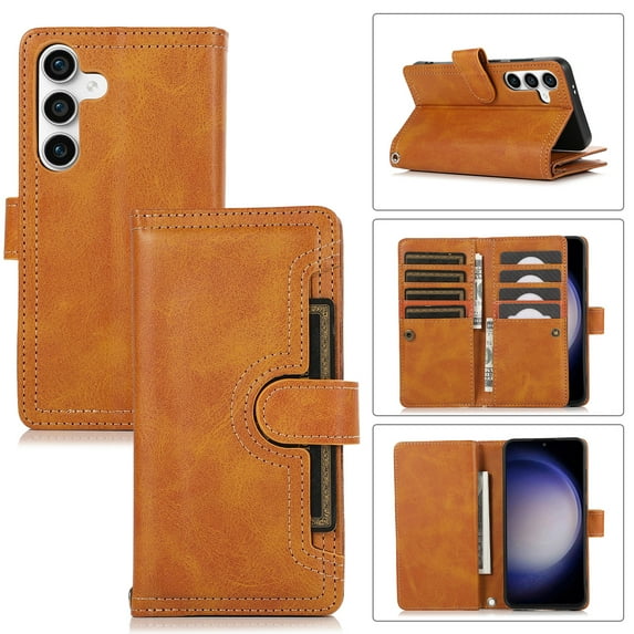 Allytechgroup Galaxy S24 Plus Wallet Case with 9 Cards Holder 2 Cash Pocket, Premium PU Leather Retro Flip Stand Magnetic Closure Hand Wrist Phone Case for Samsung Galaxy S24 Plus, Orange
